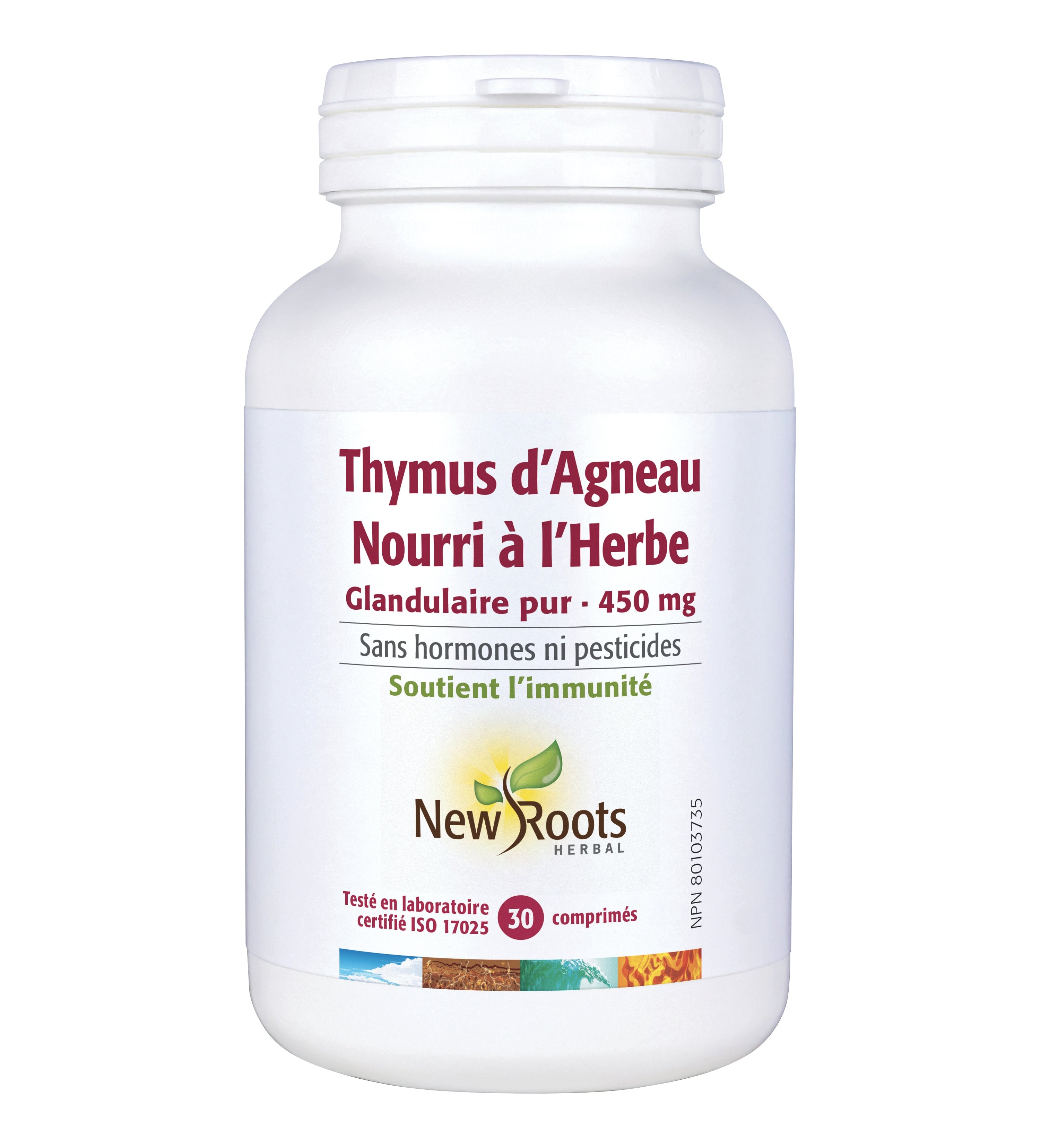 Thymus d'agneau nourri à l'herbe - Glandulaire pur - 450mg - Soutient l'immunité - New Roots - 30 comprimés